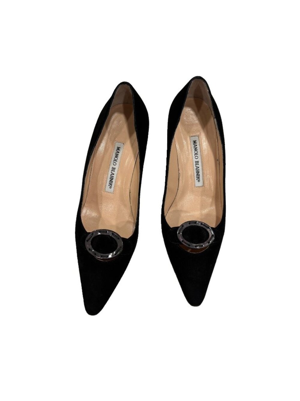 Manolo Blahnik Black Suede Pointed Toe Kitten Pump Buckle Women size EU36/US6